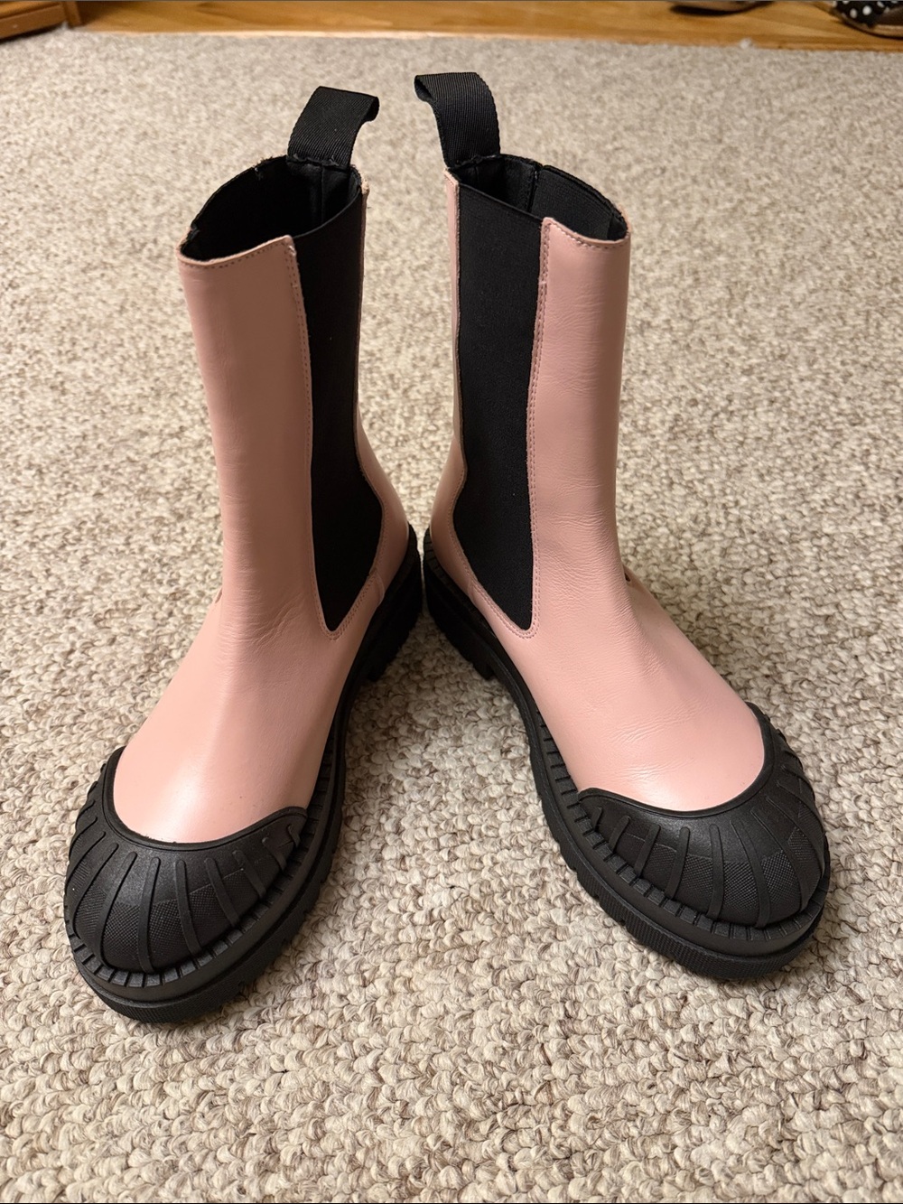 Maeve Pink Chelsea Boots with Black Rubber Toe and Sole